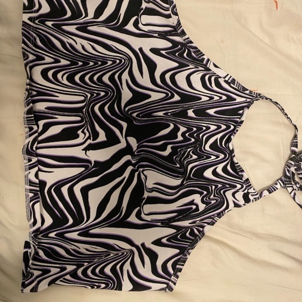 white, black, purple zebra print halter tank